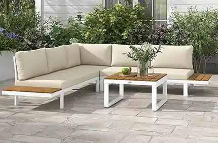 Montaje set porche jardín sofá esquinero y mesa baja